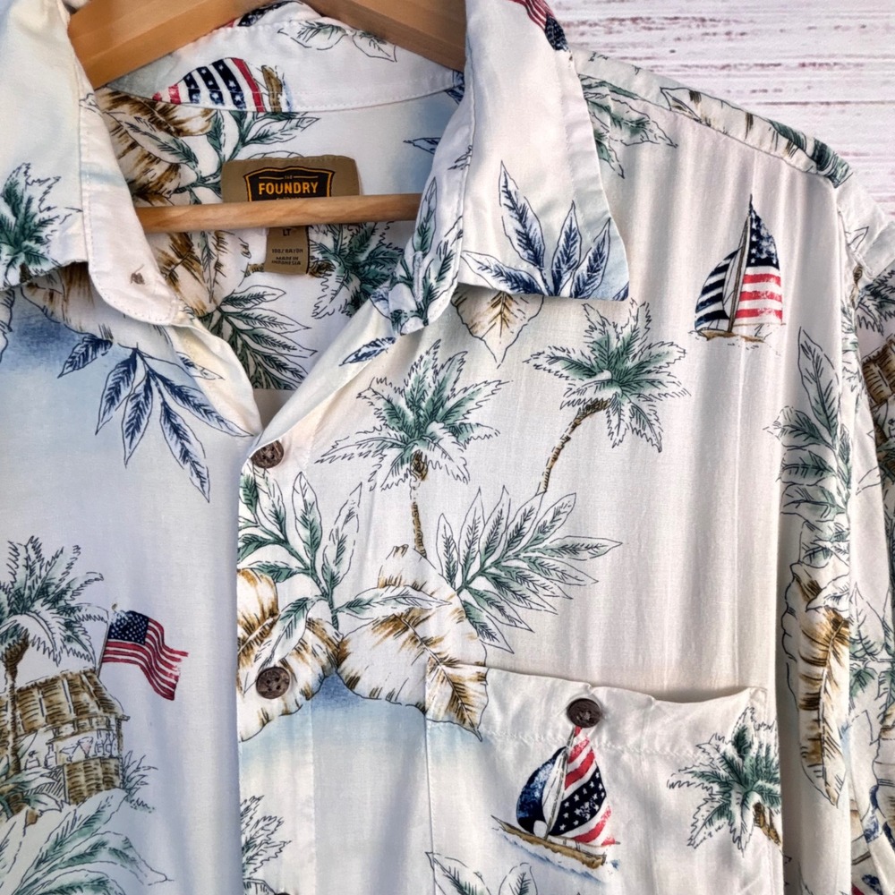 The Foundry Supply Co Mens LT Tropical Patriotic Sailboat Rayon Camp Shirt White
